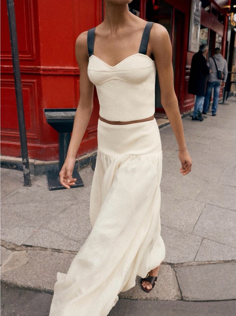 Zara Cream Maxi Two Piece Skirt And Top Set with Black Straps Size Medium NWT